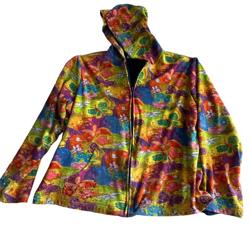 Michael Leu Women’s L Jacket watercolor Art to Wear Butterfly’s Lined Pockets Zi